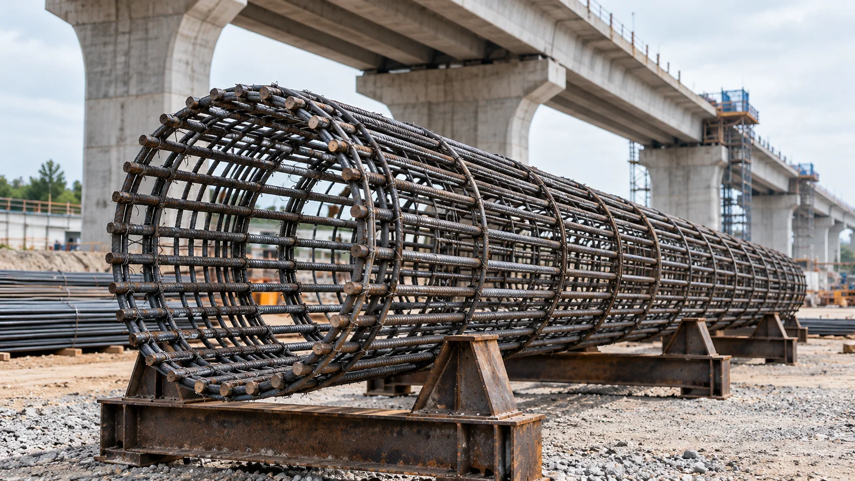 Highway flyover bridge superstructure and deep foundation piling reinforcement cage assembly with seismic rebar — Asia & Africa Metals