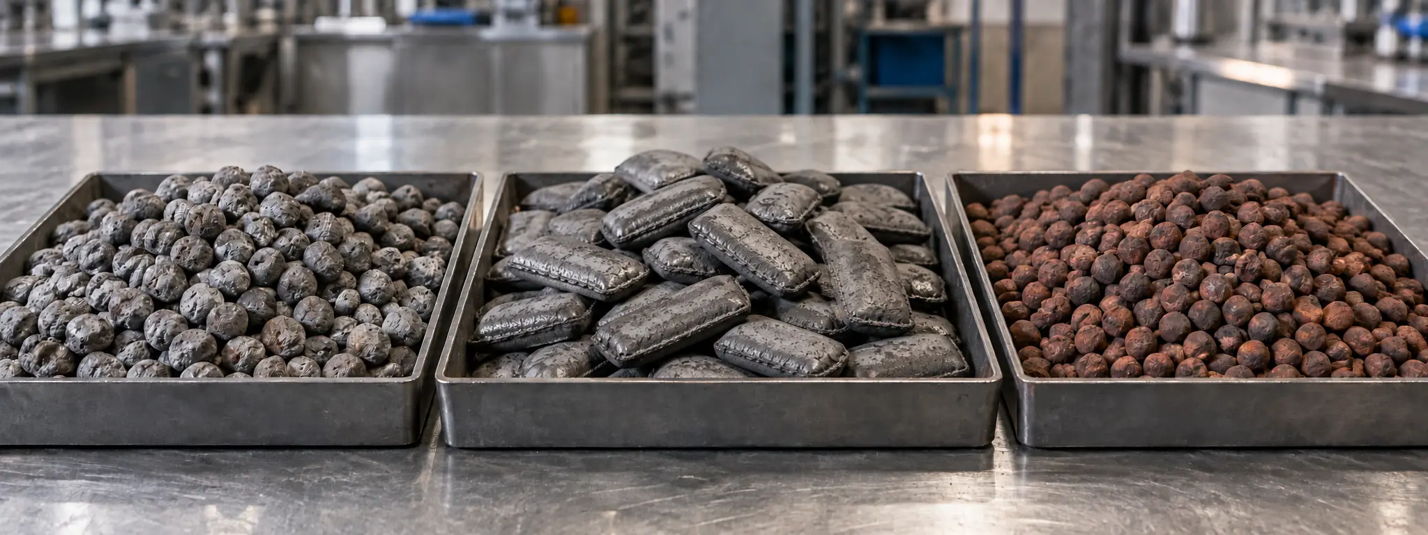 Sample trays of gas-based Direct Reduced Iron (DRI), Hot Briquetted Iron (HBI), and high-grade Blast Furnace iron ore pellets