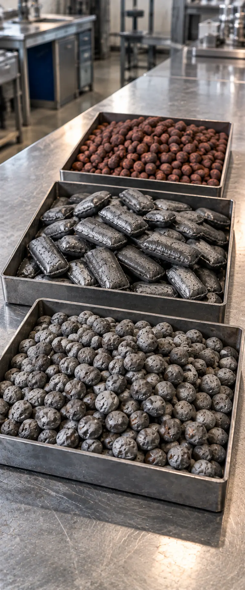 Vertical metallurgical laboratory view of metallic DRI iron pellets, dense moisture-resistant HBI briquettes, and blast furnace iron ore pellets in sample trays