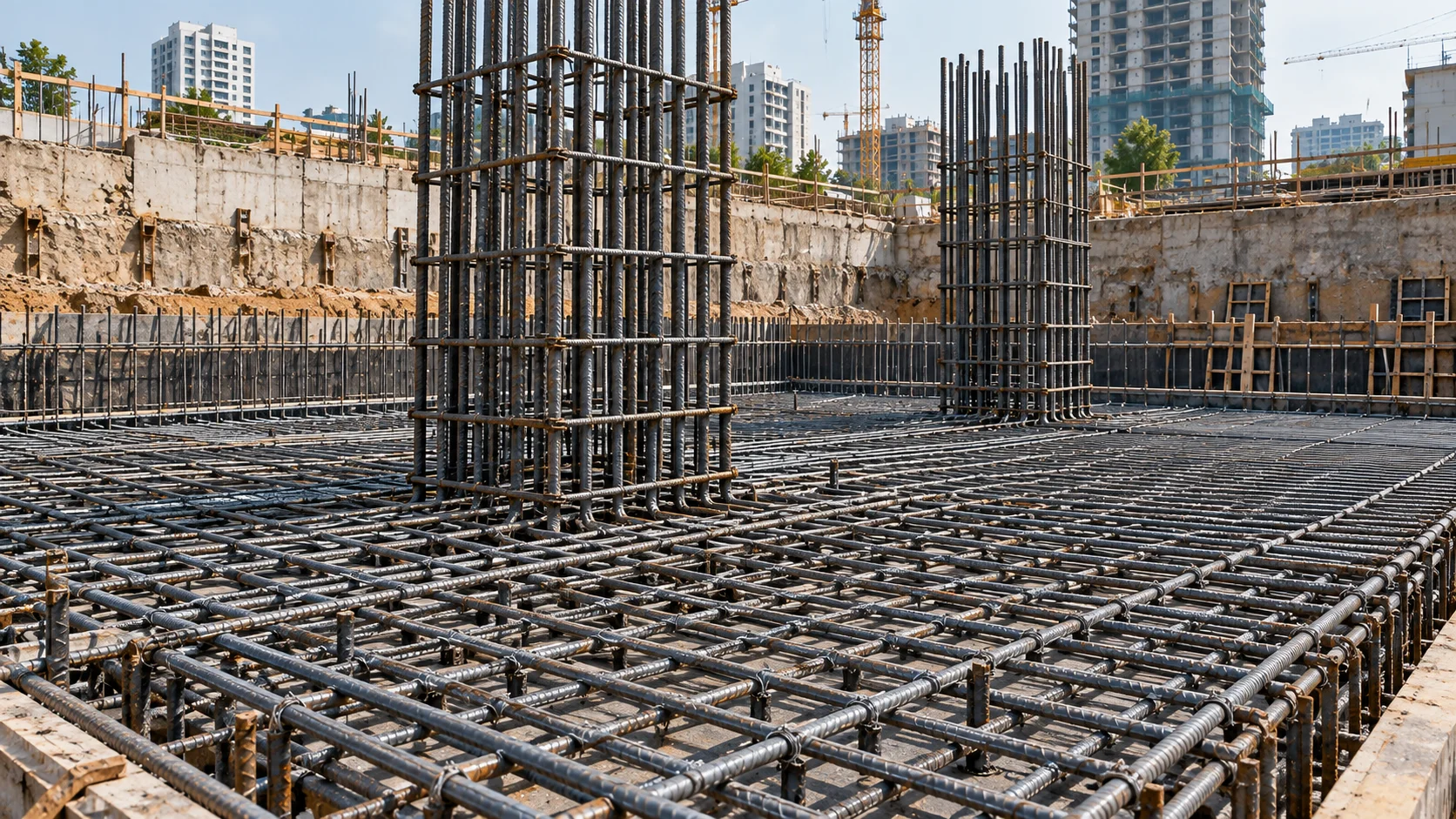 High-rise skyscraper concrete raft foundation and heavy column reinforcement rebar cage installation BS 4449 Grade B500B — Asia & Africa Metals