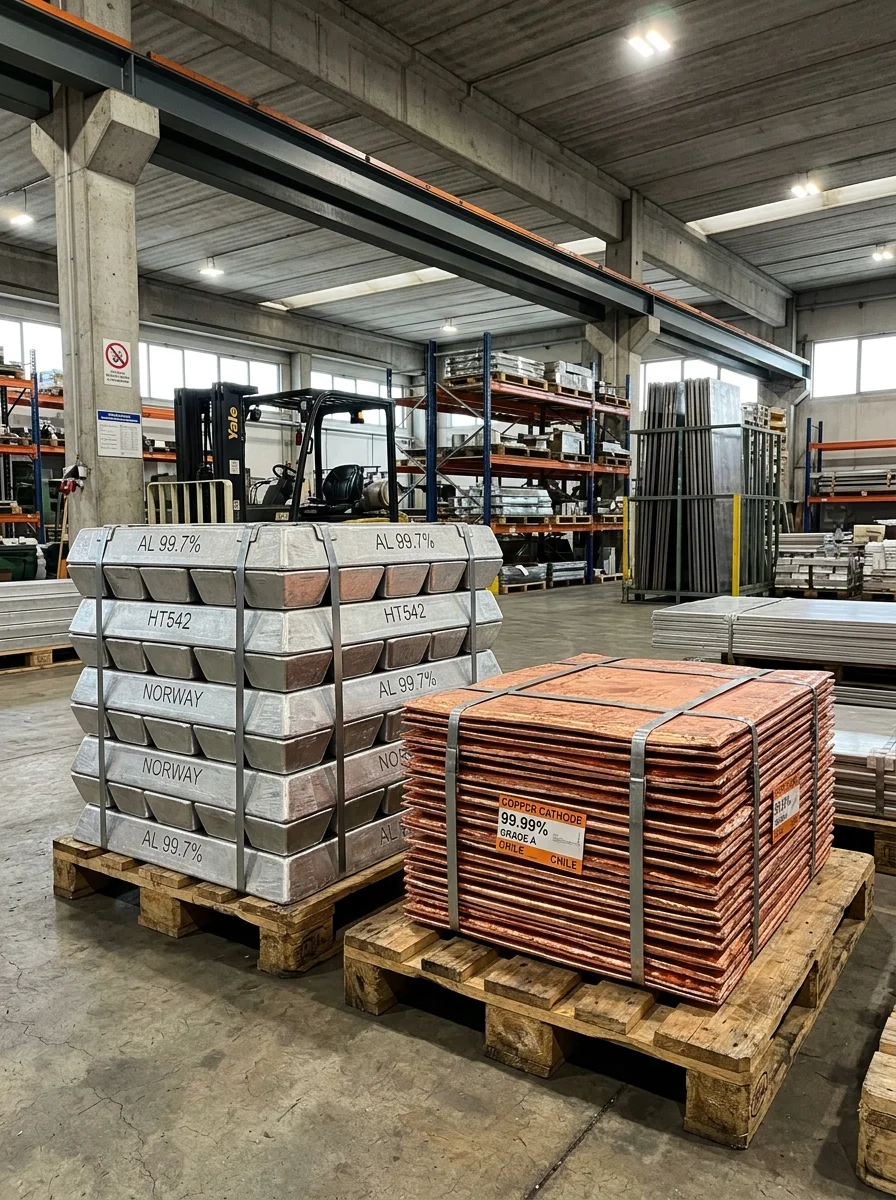 High-purity P1020A primary aluminium ingots and Grade A copper cathode bundles in export yard — Asia & Africa Metals