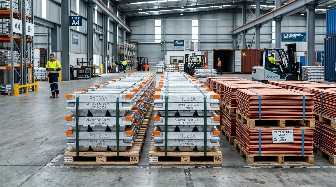 Primary aluminium ingots P1020A and Grade A copper cathode bundles stacked in port warehouse
