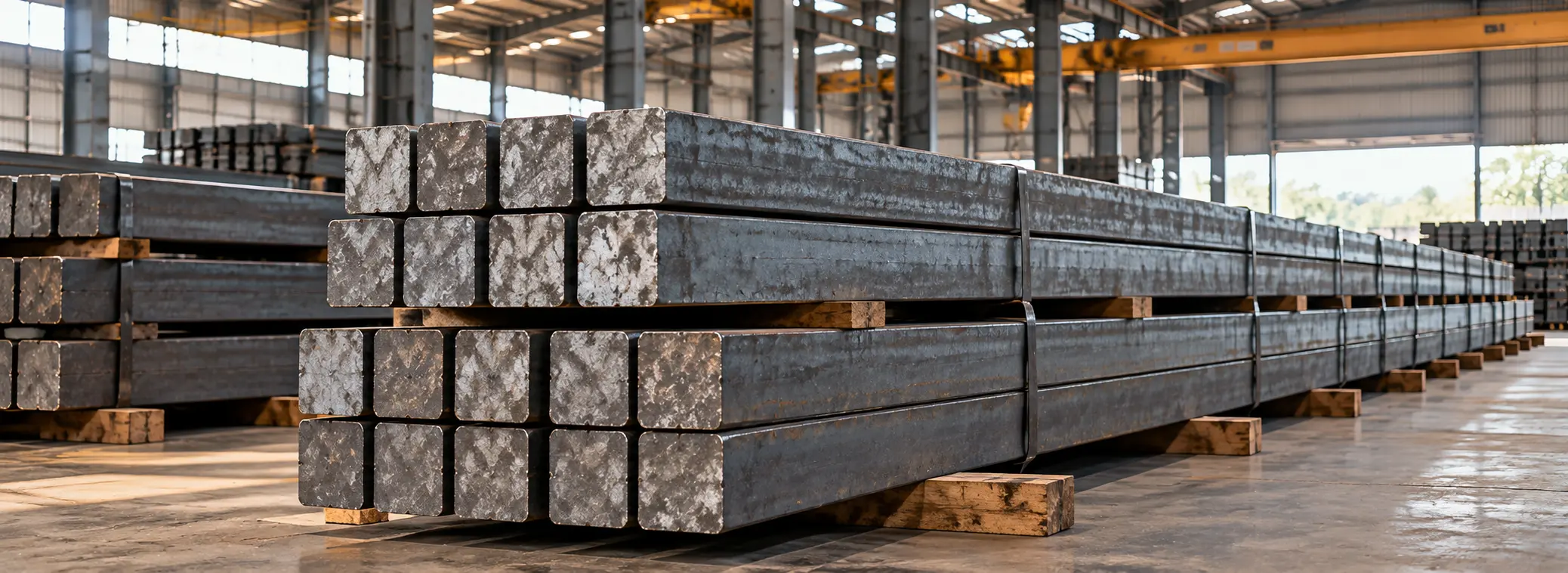 Solid square steel billets Grade 3SP and 5SP stacked on timber dunnage supports for bulk vessel export — Asia & Africa Metals UAE