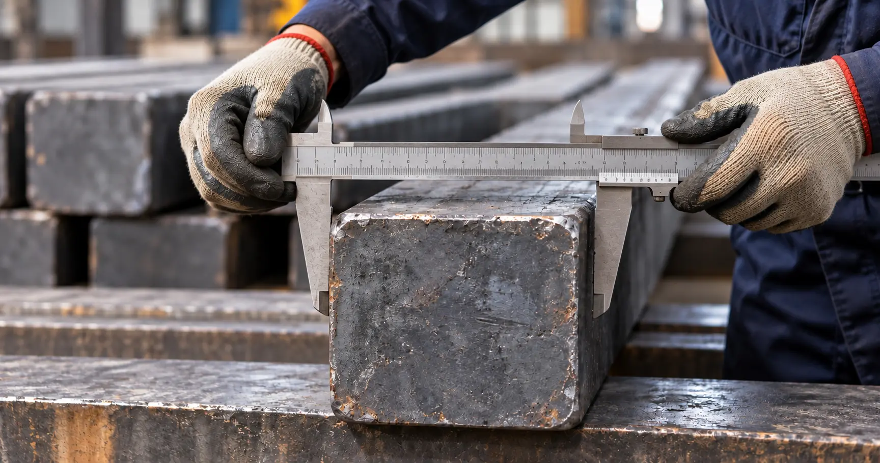 Quality control technician measuring square steel billet cross-section with vernier caliper for SGS pre-shipment metallurgical inspection — Asia & Africa Metals