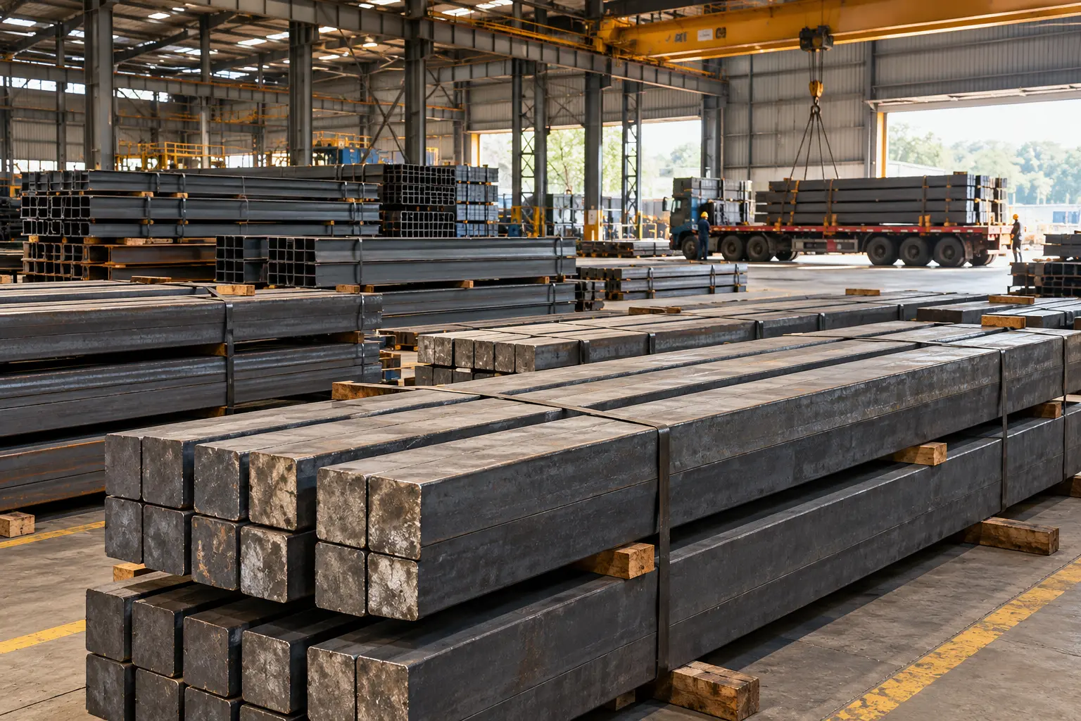 Prime continuous cast steel billets stacked in warehouse dispatch yard with flatbed logistics truck in Dubai UAE — Asia & Africa General Trading