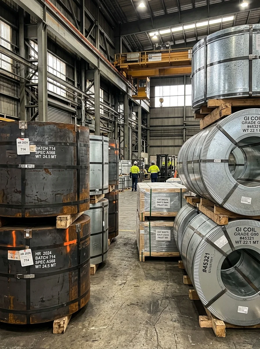 Stacked prime hot-dip galvanized steel coils and corrugated building profile sheets in warehouse — Asia & Africa Metals