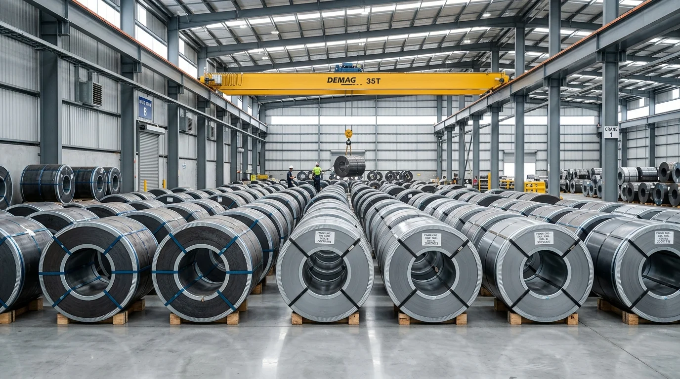 Hot-rolled and cold-rolled steel coils, galvanized GI coils, and slit steel sheet bundles stored in export terminal