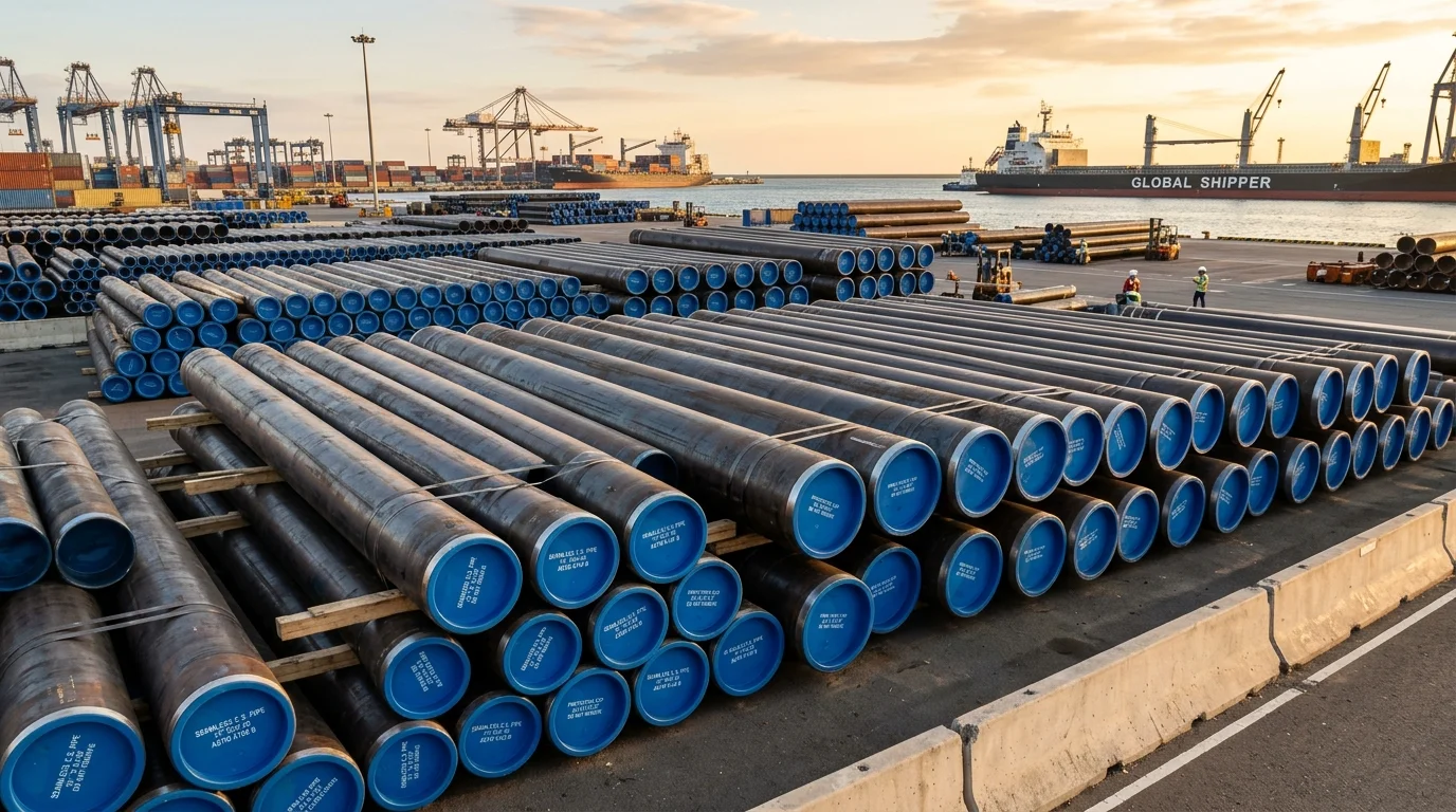 Prime seamless carbon steel pipes ASTM A106 Gr B and API 5L line pipes stored in dispatch warehouse