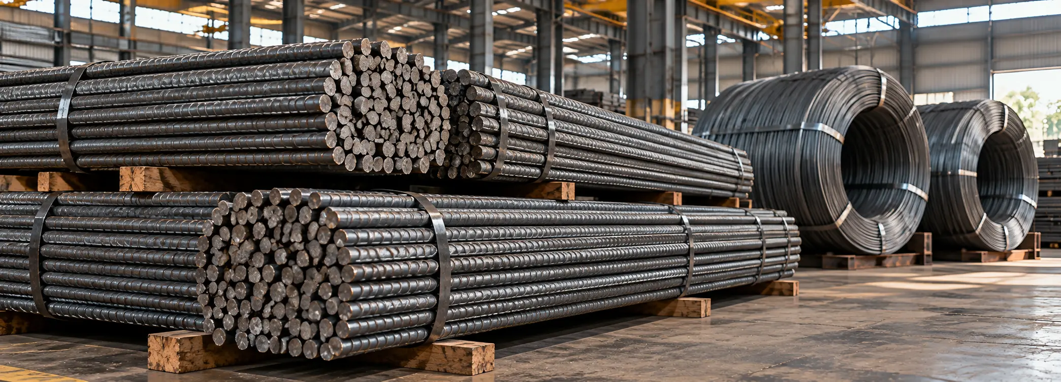 High-yield deformed steel rebar BS 4449 Grade B500B bundles beside draw-quality coiled wire rods — Asia & Africa General Trading