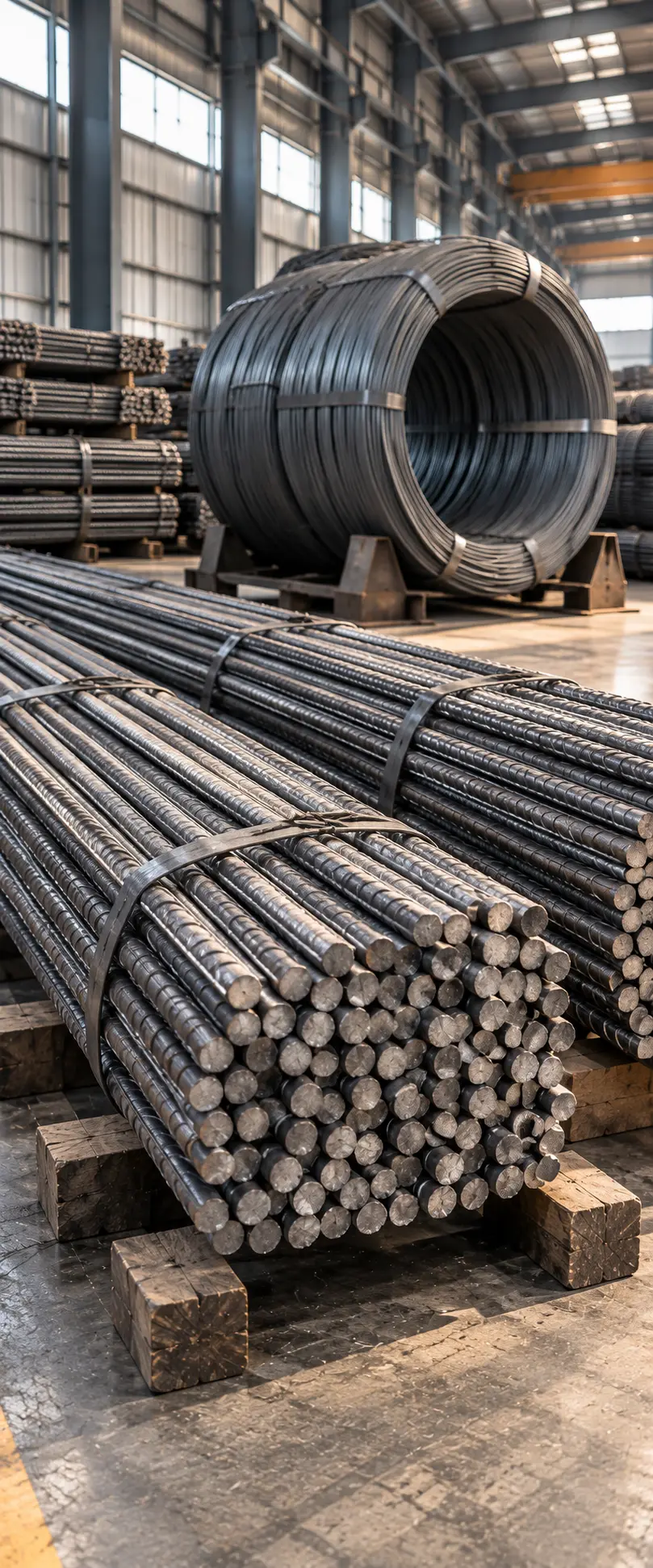 Vertical warehouse view of ribbed high-tensile construction rebar (8mm to 40mm) strapped bundles with coiled wire rods in dispatch bay