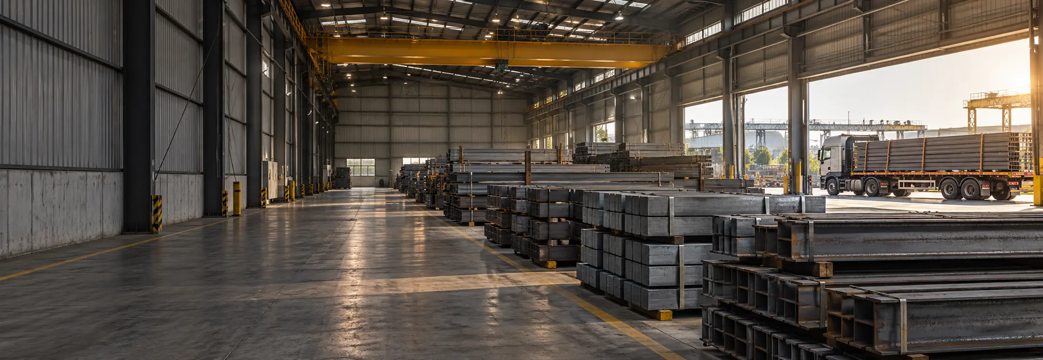 Industrial steel warehouse dispatch facility with clear aisle and stacked prime steel products ready for chartered vessel shipment