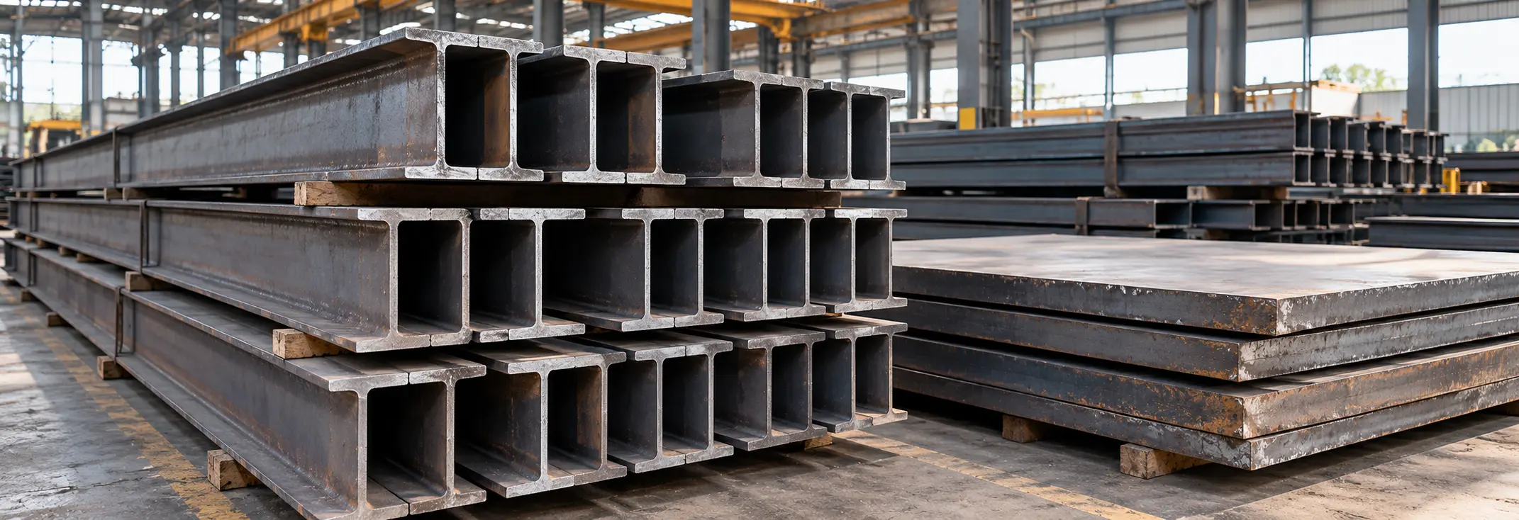 Hot-rolled structural steel H-beams, IPE sections, and heavy steel plates EN 10025 S355JR stacked in storage warehouse