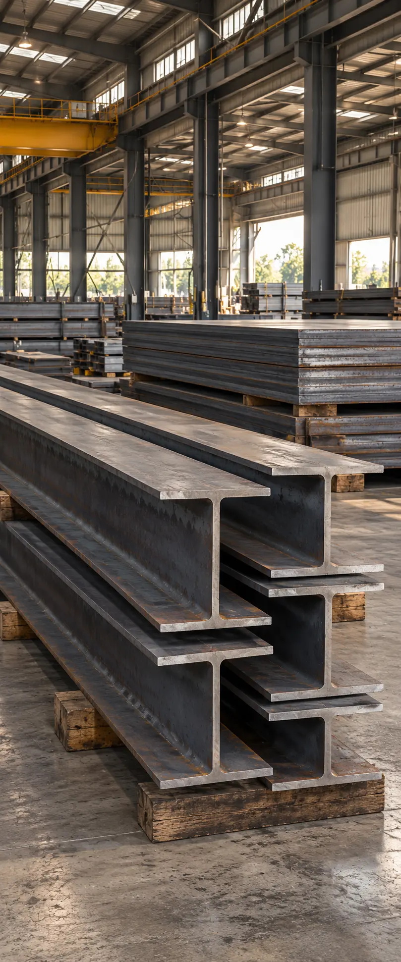 Vertical perspective of stacked structural steel H-beams and heavy commercial fabrication plates (6mm to 150mm) ready for maritime shipment
